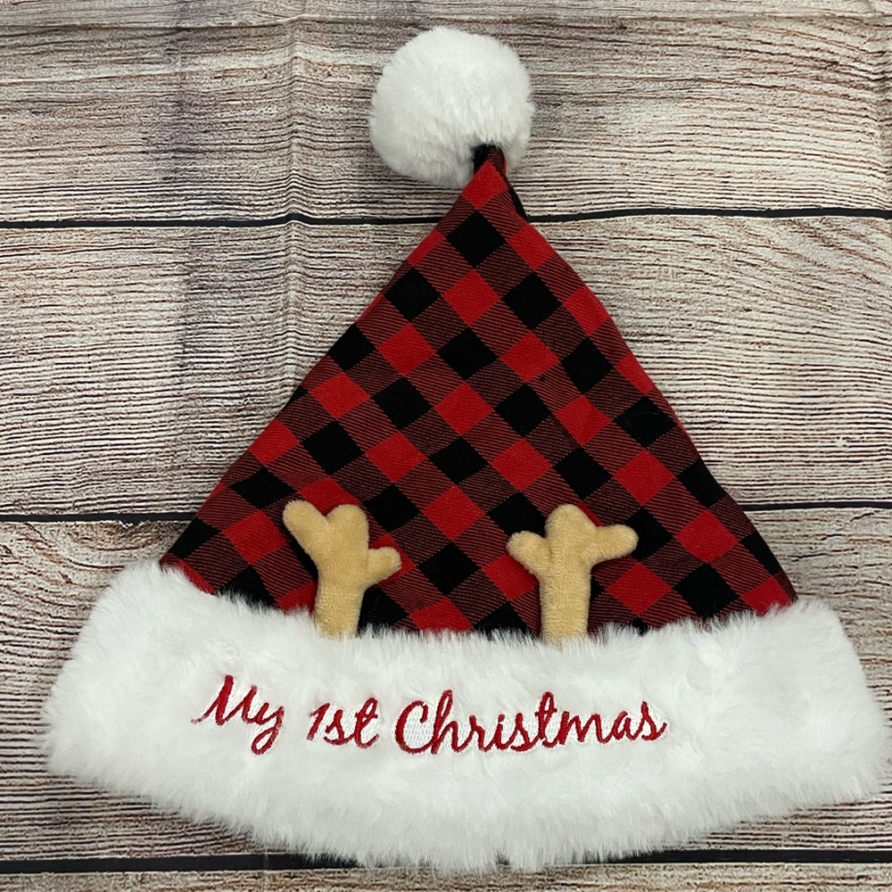 My first Christmas baby newborn red plaid antler hat